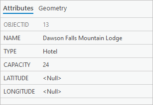 Attributes pane with updated attributes for Dawson Falls Mountain Lodge