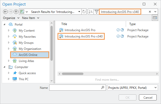 Open Project dialog box showing search term and search results