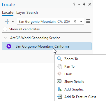 Locate pane with selected search result and its context menu