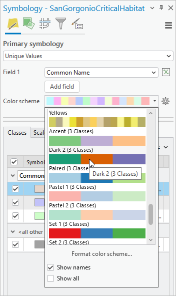 Symbology pane showing the Color scheme drop-down list