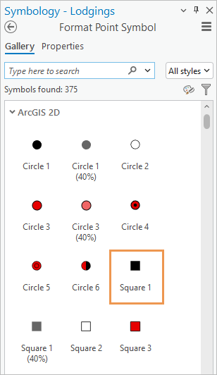 Symbology pane showing Square 1 in the symbol gallery