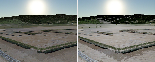 A comparison of two scenes where the second image shows crisper shadows and enhanced lighting on terrain