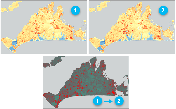 Pixel value change detection between two vegetation index rasters