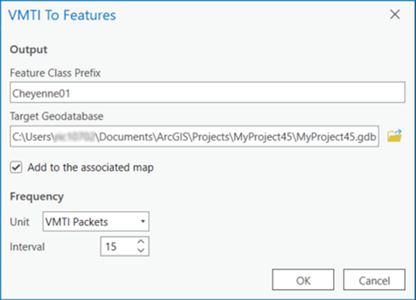 VMTI To Features dialog box