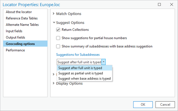 Suggest Options in the Geocoding options tab of the Locator Properties dialog.