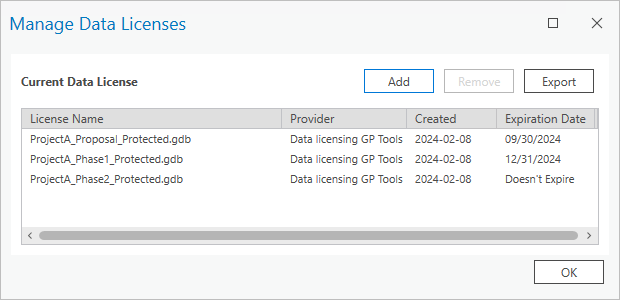 Manage Data Licenses dialog box