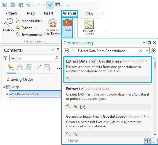 Extract Data From Geodatabase tool under Analysis tab, Tools, and Geoprocessing