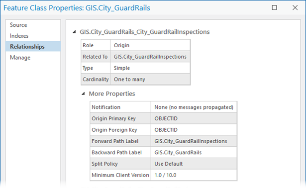 Relationships tab on the Feature Class Properties dialog box