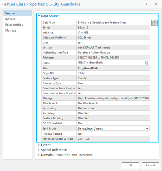 Data Source section on the Source tab of the Feature Class Properties dialog box