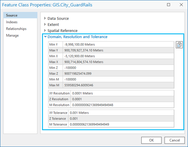 Domain, Resolution and Tolerance section on the Source tab of the Feature Class Properties dialog box