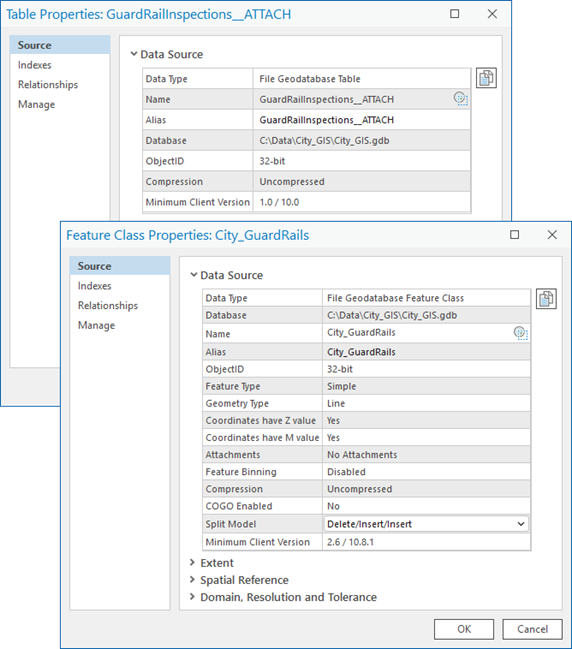 Table Properties and Feature Class Properties dialog boxes