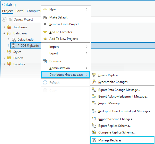 Manage Replicas on the Distributed Geodatabase context menu