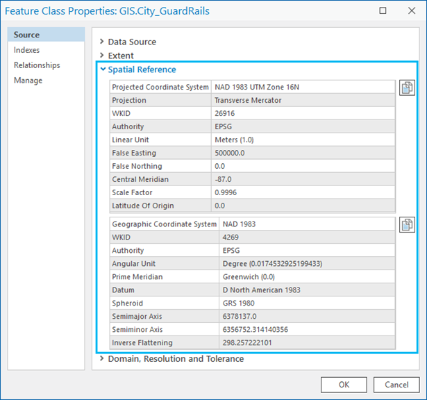 Spatial Reference section on the Source tab of the Feature Class Properties dialog box