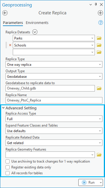 Advanced Setting in the Create Replica tool