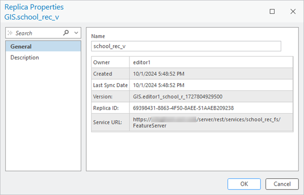 The General tab on the feature service Replica Properties dialog box