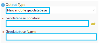 In the Extract Data From Geodatabase tool, Output Type is set to New mobile geodatabase.