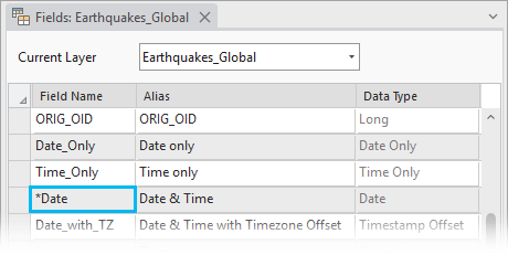 An asterisk appears next to the field name when the date field has been migrated to high precision.