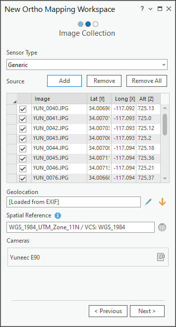 Image Collection window of the New Ortho Mapping Workspace wizard