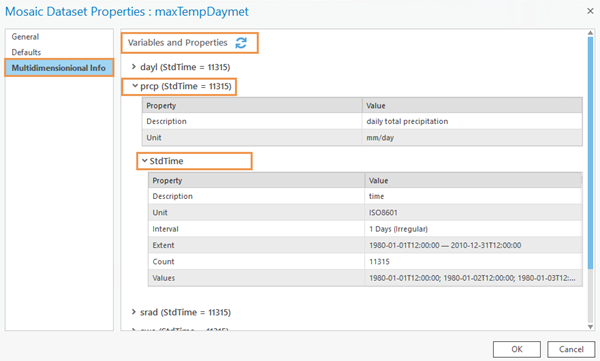 View the multidimensional raster precipitation variable and the time dimension information from the Multidimensional Info tab in the Mosaic Dataset Properties window