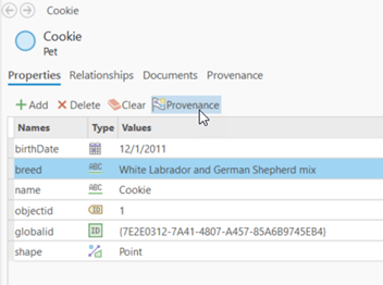 Click the Provenance button at the top of the list of properties to open the Add Properties dialog box.
