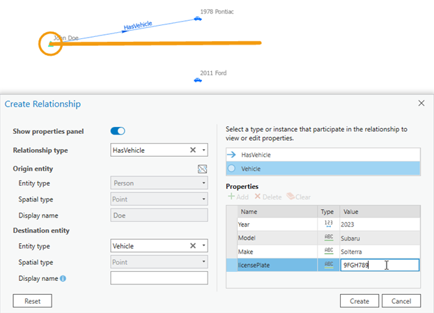 Define properties in the properties panel of the Create Relationship dialog box.