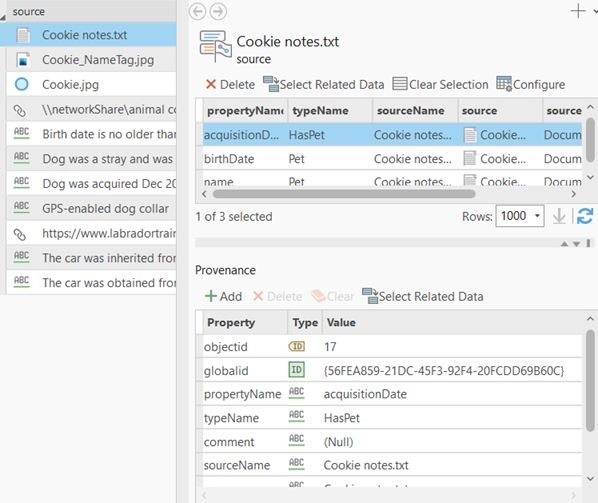 Select a provenance record value in the investigation.