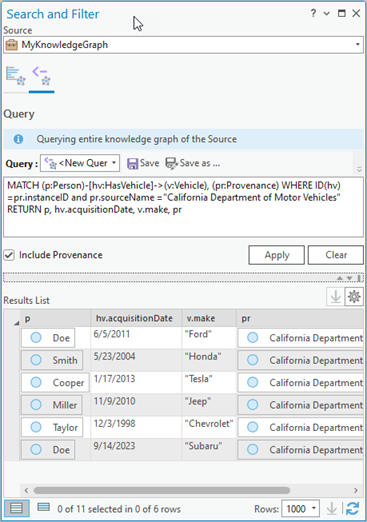 Query the contents of a knowledge graph in the Search and Filter pane.