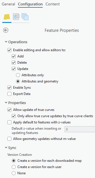 Feature Properties pane settings