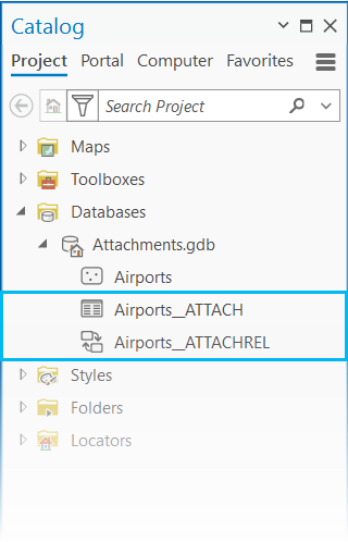 Catalog pane showing enabled feature class with associated ATTACH table and relationship class