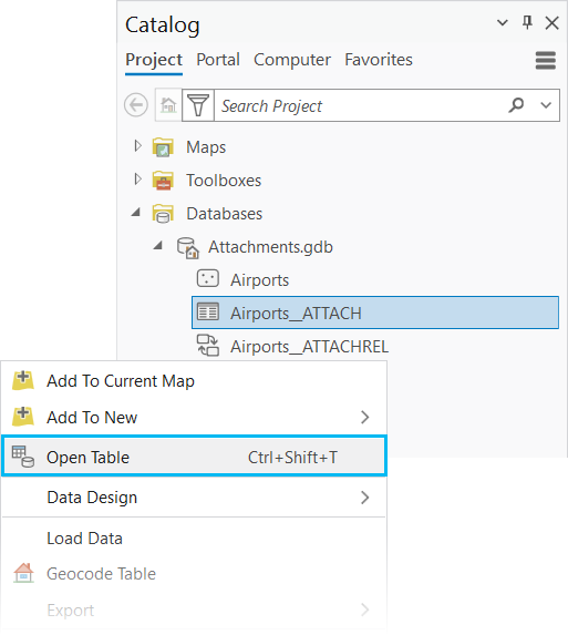 Context menu from the Catalog pane showing the Open Table option