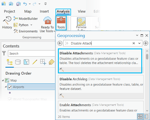 Geoprocessing pane with search results for Disable Attachments