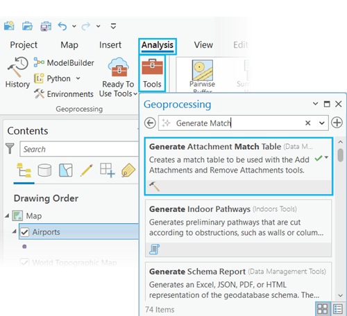 Geoprocessing pane with search results for Generate Attachment Match Table