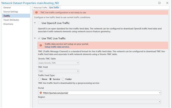 Network Dataset Properties dialog box for main.Routing_ND showing Use TMC Live Traffic settings