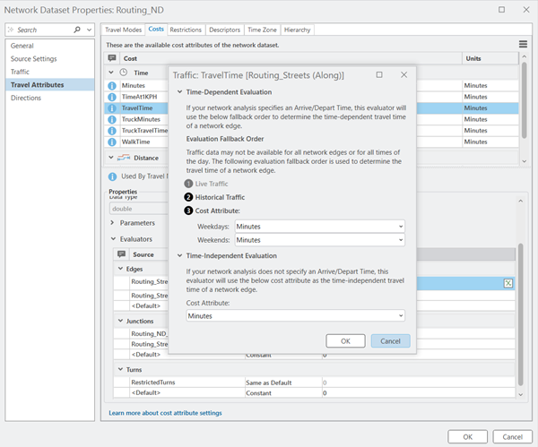 Network Dataset Properties: Routing_ND dialog box tor Traffic: TravelTime