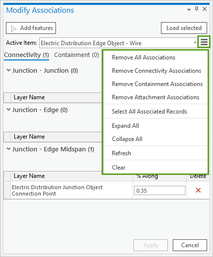 Modify Associations menu options