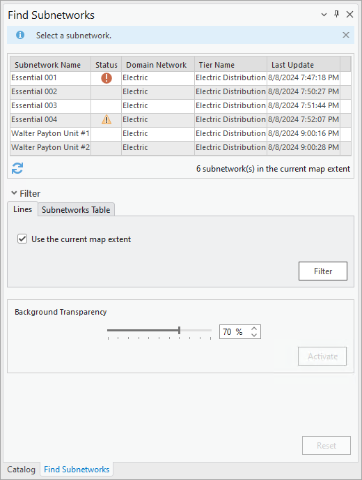 The Find Subnetworks pane displaying subnetworks found in the current extent of the map