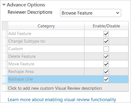 Enable visual review Advance Options drop-down menu