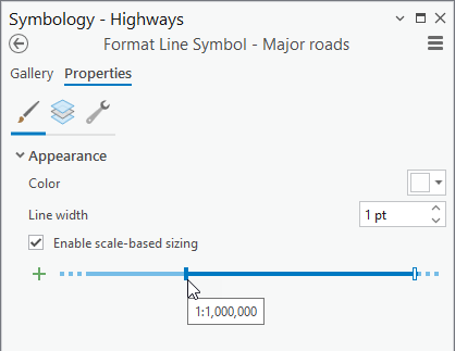 The basic properties of a line symbol with scale-based sizing enabled are shown in the Symbology pane.