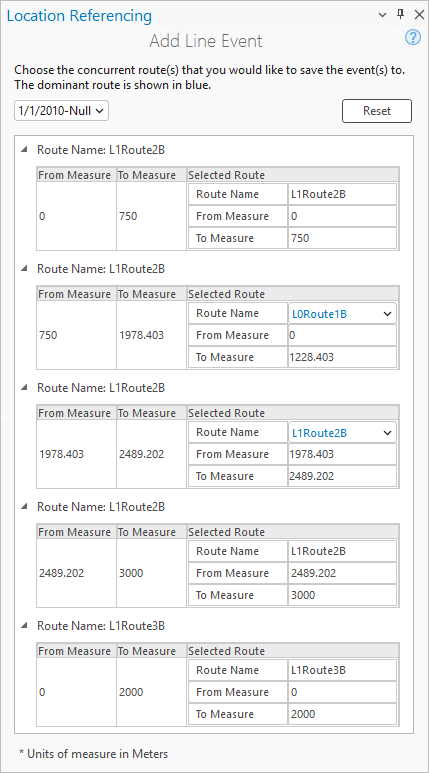 Add Line Event pane showing the routes with their from measure, to measure, and selected route