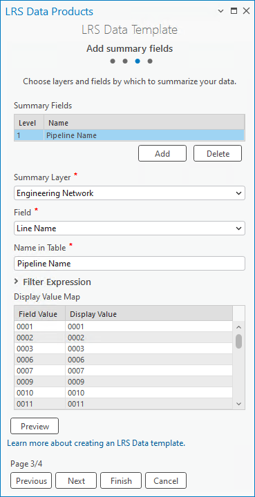 The first summary layer is set in the third pane of the LRS Data Template wizard.