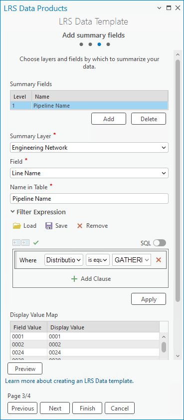 Display values are filtered using an expression in the third pane of LRS Data Template wizard.