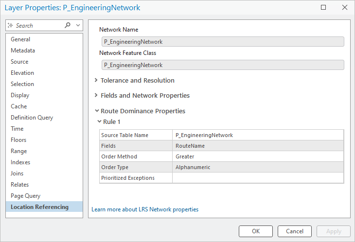 Route Dominance Properties section on the Location Referencing tab of the Layer Properties dialog box