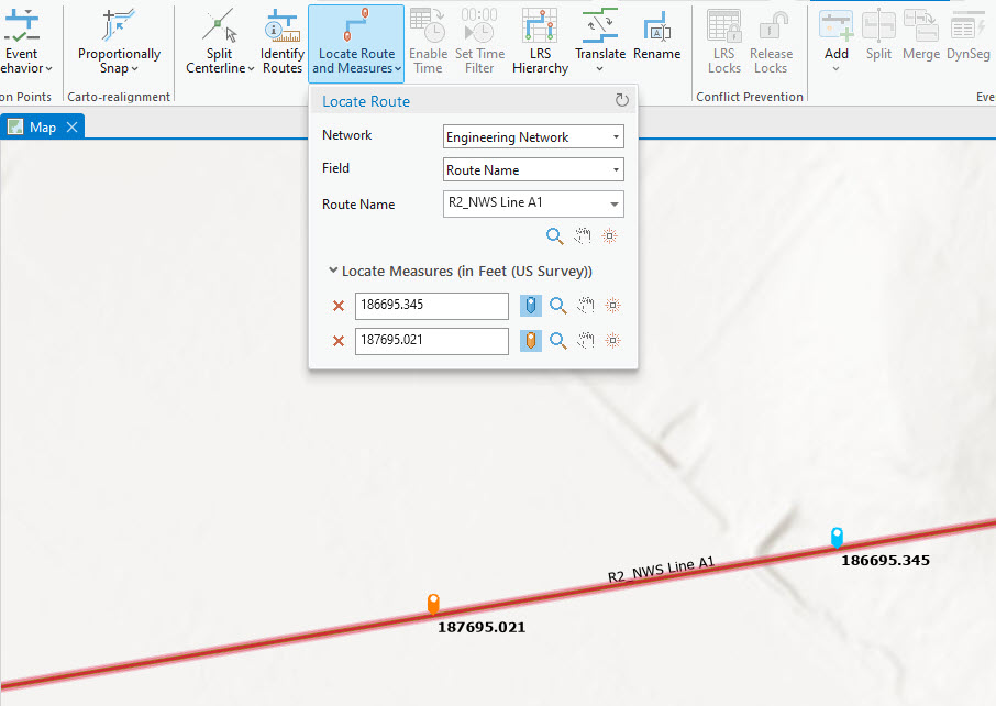 Locate Route dialog box after measure markers are set