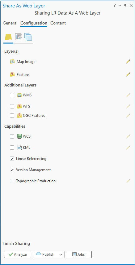 Configuration tab with Linear Referencing and Version Management checked