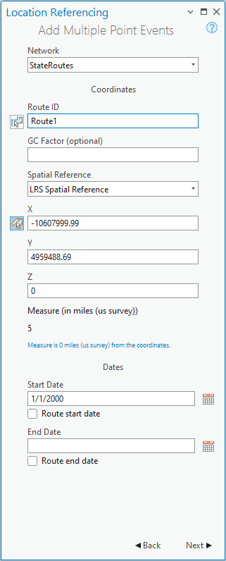 Add Multiple Point Events pane with Route ID