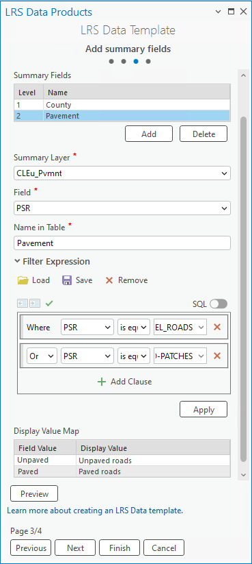 Multiple summary layers are set in the third pane of the LRS Data Template wizard