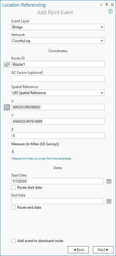 Add Point Event pane with Coordinates method