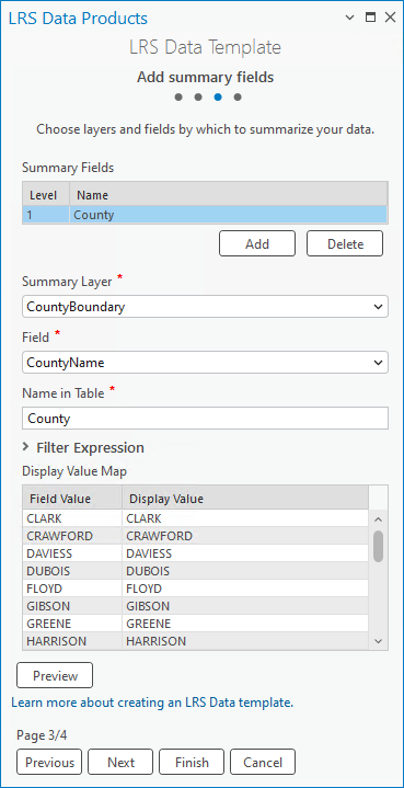 The first summary layer is set in the third pane of the LRS Data Template wizard