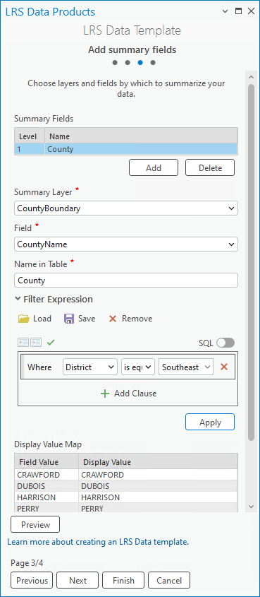 Display values are filtered using an expression in the third pane of the LRS Data Template wizard