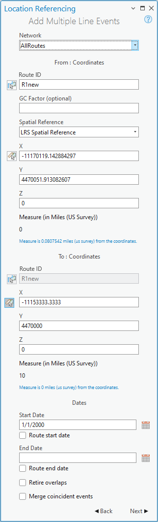 Add Multiple Line Events pane with Coordinates method